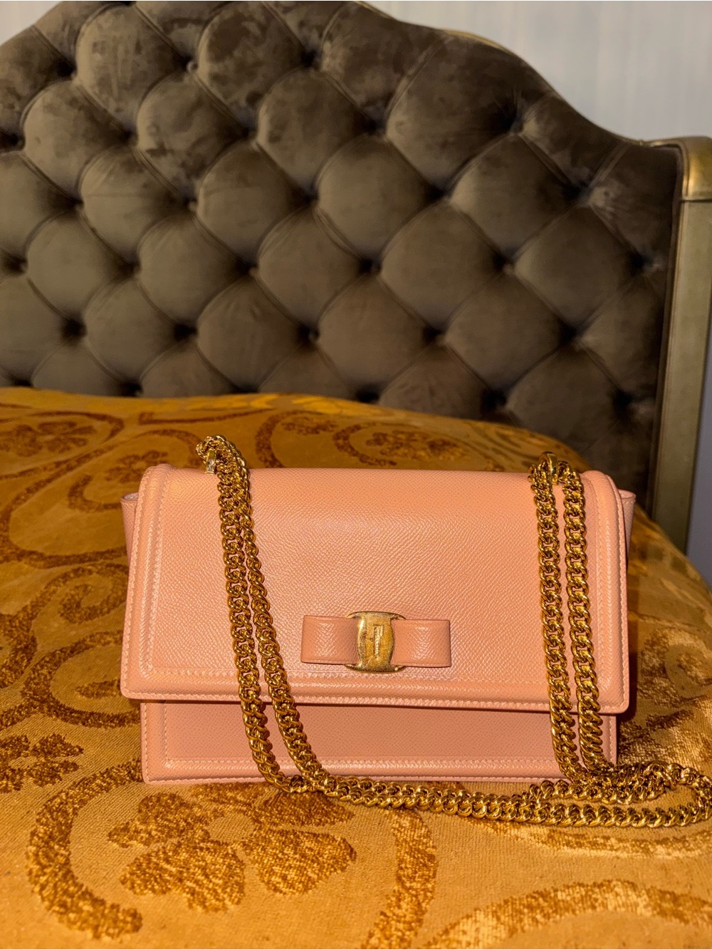 Salvatore Ferragamo Coral Pink Leather Vara Bow Chain Crossbody